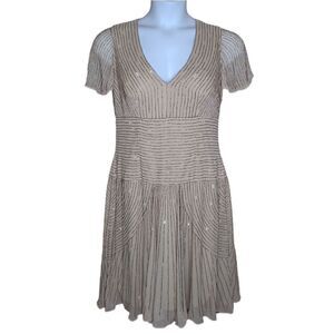 VINTAGE 90s silk cream beaded sequin drop‎ waist retro flapper style dress M